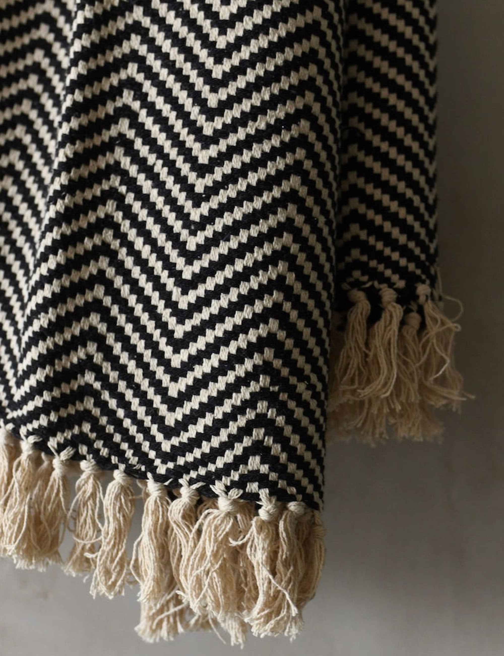 Handmade Herringbone Cotton Throw Blanket, Black & Cream
