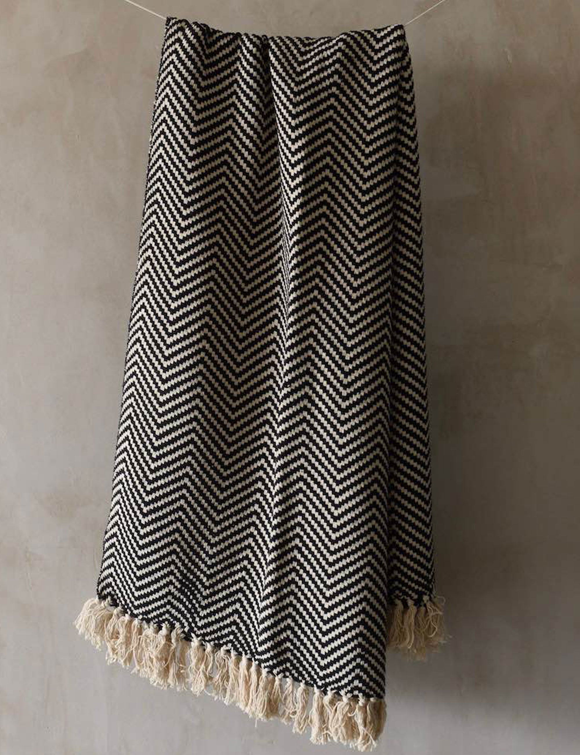 Handmade Herringbone Cotton Throw Blanket, Black & Cream