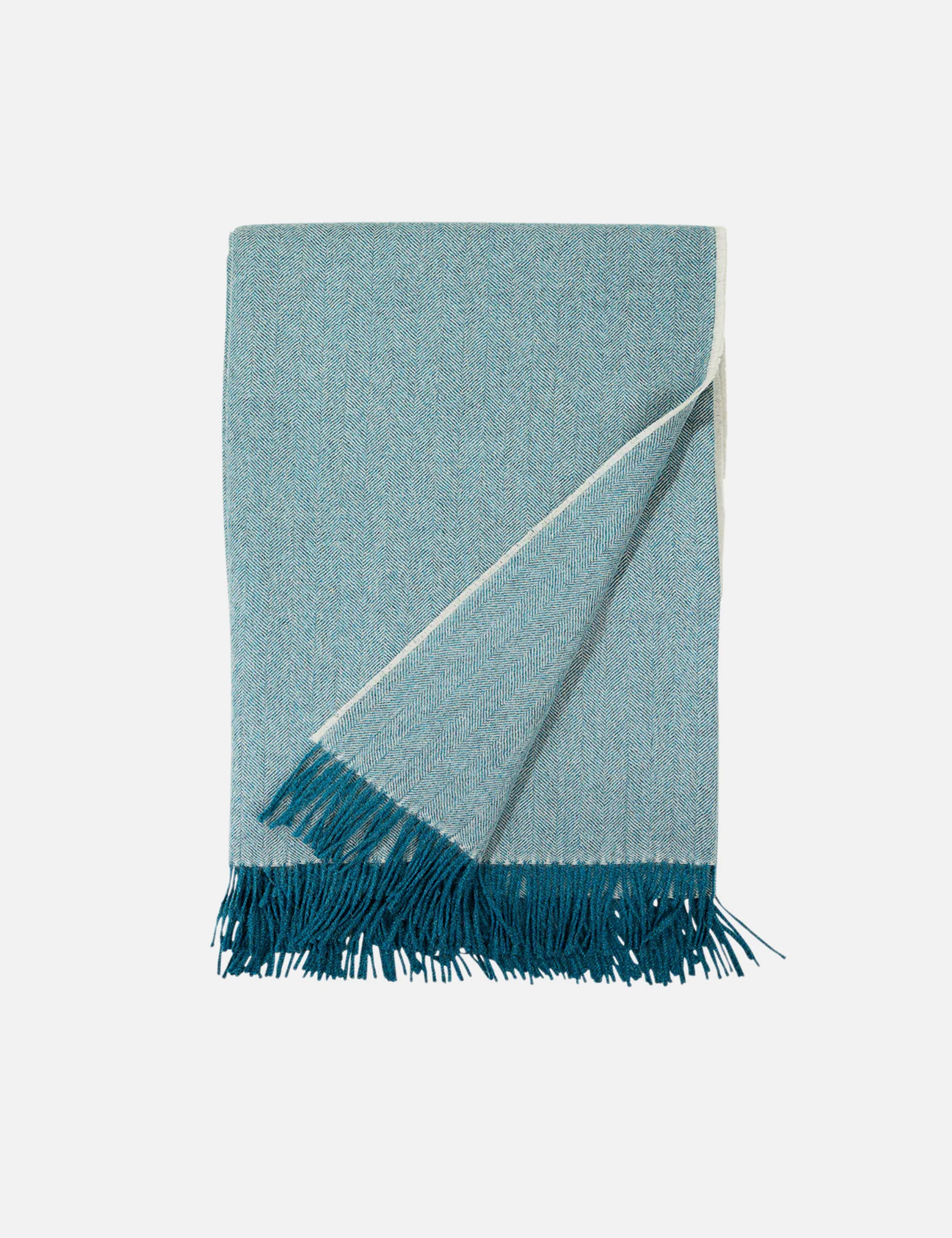 Sustainable Baby Alpaca Throw, Turquoise Blue Herringbone